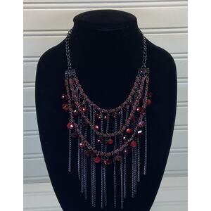 Gunmetal Gray 3 Tier Red Bead & Chain Fringe Bold Statement Unusual Bib Necklace